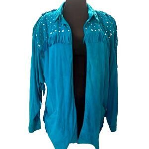 Vtg 80s Suede Fringe Rhinestone Western Oversized Jacket M Western Maximalist